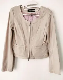 【美品】　インタープラネット★ラムレザー　ノーカラー　レザージャケット★ベージュ