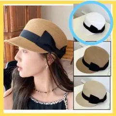 新品　リボン付きストローハット ホワイト　白　夏