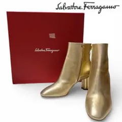 【美品】フェラガモ Molfetta 花ヒール ゴールド ショートブーツ 箱袋付
