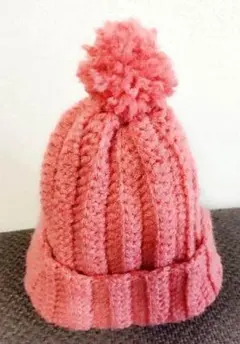 ポンポン付きニット帽 ピンク