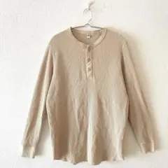 ☆【ユニクロ】ワッフルTシャツ 綿混 ハーフボタン ヘンリーネック 長袖 M