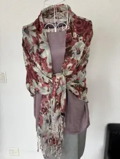 おしゃれ　花柄　大判ストール　ショール　フリンジ　ピンク　スカーフ　赤　ピンク