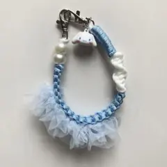 パラコード スマホハンドストラップ 水色×ホワイト チャーム取外し可能