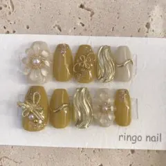 ネイルチップ 和装 成人式 袴 振袖 黄 からし色 お花 ミラー サイズ変更