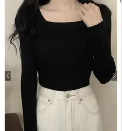 【GRL】スクエアネックリブニットトップス[rut072] ブラック