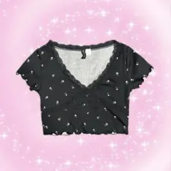 H＆M 花柄 ブラック Tシャツ レース ピンク 半袖 ガーリー 韓国 海外