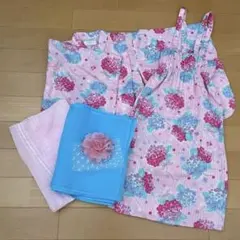 【新品】mezzo piano☆ 紫陽花柄浴衣2WAY(130)＆兵児帯セット