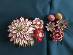 つまみ細工髪飾り　紅白コーム&Uピン264