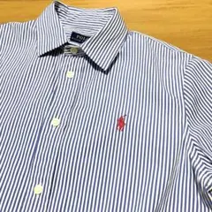 RALPH LAUREN☆ストライプシャツ青/白ホースロゴ刺繍ピンク☆長袖S程