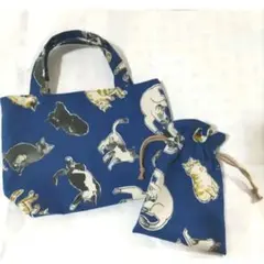 203】ハンドメイド★猫ブルー★トートバッグ&巾着　2点セット