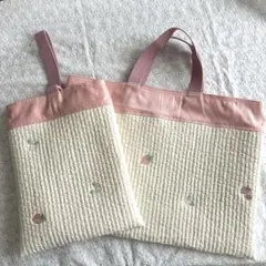 入園入学　女の子　ヌビキルト　レッスンバック・シューズ袋セット　いちご刺繍ピンク