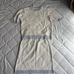 ブルー系 チェック柄 ニット セットアップ