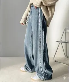 JaVa　サイド フリンジ ワイドルーズ オーバーサイズ デニムパンツ M