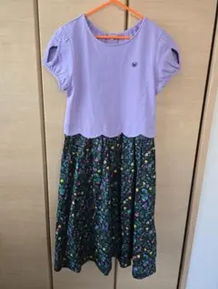 紫と黒花柄 半袖ワンピース 150