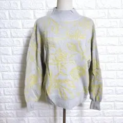 6523 ドレスキップ ニット L グレー イエロー 総柄 ハイネック ゆったり