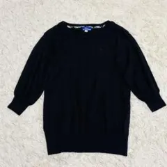 BURBERRY BLUE LABEL長袖セーター ニット ロゴ刺繍 肩ボタン黒