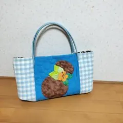 【美品】ハワイアンキルト風 トートバッグ ブルー ギンガムチェック