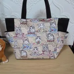 422 サイドポケット付きトートバッグ ニュースペーパー 猫 肩かげ可 A4