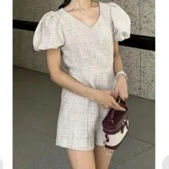 rienda パフスリーブツイードショートロンパース オールインワン ベージュ
