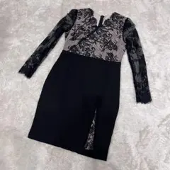 Ryuyu キャバドレス　ナイトドレス　ミニ　 黒　ブラック　レース　長袖　XL