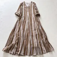 ヌキテパ コットンボイル ストライプ ロング ワンピース コットン ブラウン