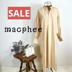 美品 マカフィー ギャザースリーブ バンドカラー ロングワンピース　クリーム