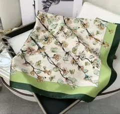 スカーフ 大判70×70 蝶 花 シルク風 高見え 上品 エレガント グリーン