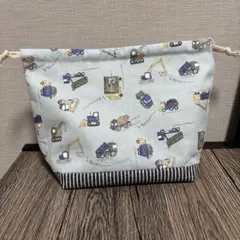 ハンドメイド 働く車デザイン 裏地付き お弁当袋 給食袋 水色