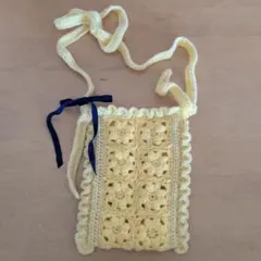 イエロー かぎ針編み スマホショルダーバッグ