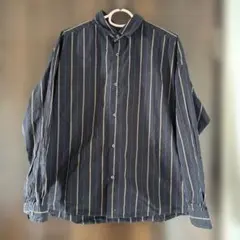 ナノユニバース　ストライプ柄　長袖シャツ　紺　ネイビー　茶色　M 通年使える