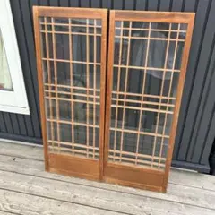 ④昭和レトロ 木製建具 ガラス入り格子戸 2枚セット 古民家 古家具 ビンテージ