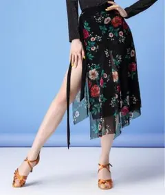 ローズ柄シフォン巻きスカート 花柄 ラテン 社交ダンス 練習着 インナー付 黒