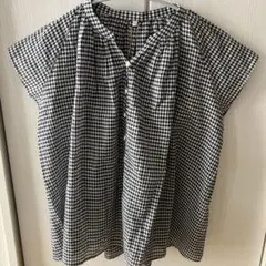 MUJI 強撚ボイル フレンチスリーブブラウス 黒チェック L