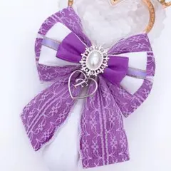 キンブレリボン ペンライトリボン 白レース×ハートチャーム 紫 ★ハンドメイド