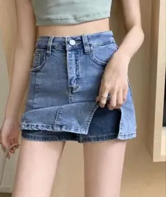 【新品未使用】SEU デニムミニスカート風　前スリット　ショートパンツ　Lサイズ
