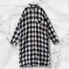 ikka /チェック柄 長袖シャツワンピース ネイビー×ホワイト 胸ポケット L
