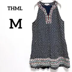 THML ノースリーブ チュニック【M】ブラック　刺繍　　幾何学模様　エスニック