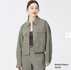 ジーユー チェッククロップドシャツジャケット Mサイズ ベージュ