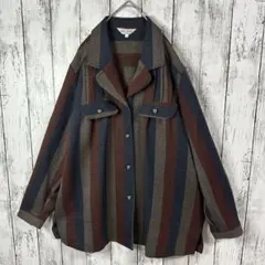 【レトロシャツジャケット】太ストライプ☆腰ポケット付☆レトロボタン☆S〜M 開襟