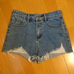 デニムショートパンツ ダメージ ヘム フリンジ