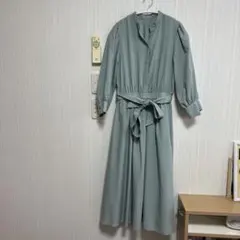 モスグリーン　長袖シャツワンピース リボン付き