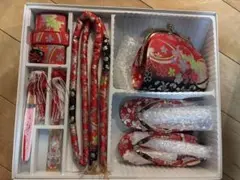 七五三着物用小物セット 赤・黒 花柄　3歳