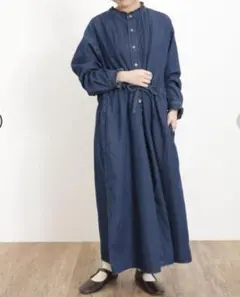 Samansa Mos2 デニムワンピース ロング フリル スタンドカラー 羽織