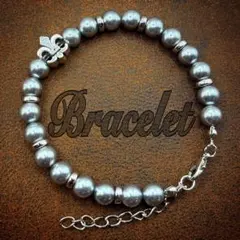 シルバー グレー パールブレスレット 百合紋章 ビーズブレスレット 調整可