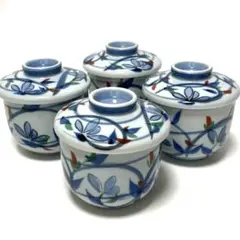 丹青作　青と白の花柄陶器　蓋付き茶碗蒸し食器セット 4個　9×7㎝　直径7.8㎝