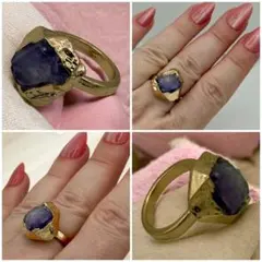 天然石　アメジスト　パワーストーン　ゴールド　カラー　ヴィンテージたっぷりリング