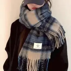 大判マフラー ショール【ブルー】チェック カシミア風　男女兼用　暖かい　可愛い
