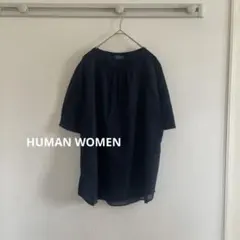 HUMAN WOMEN 半袖ニットカットソー　ネイビー　シアー　サイズM