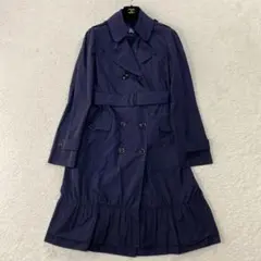 美品・バーバリー ロンドン ロングコート ナイロン フリル 紺 40 ロゴ刻印