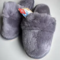 ウール100%ファー付きスリッパ Mサイズ グレー
